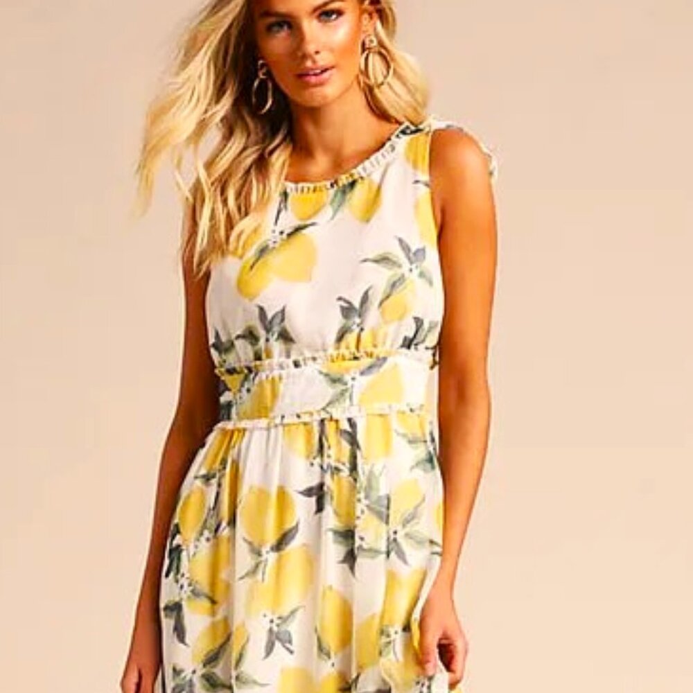 SLEEVELESS LEMON PRINT L SCOOP NECK 3 TIER FLOUNCE ON SKIRT SLIM TANK DRESS